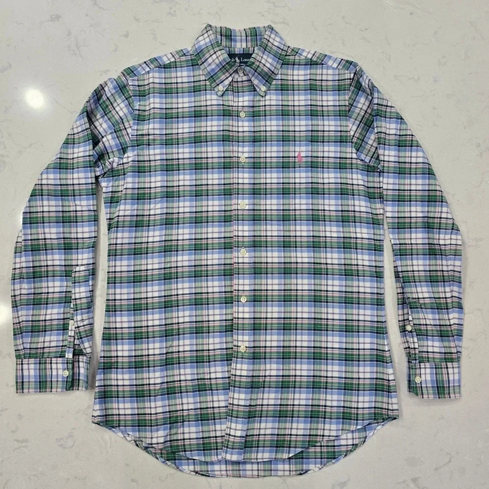 Polo Ralph Lauren Mens Custom Fit Plaid Button Down Shirt Blue Green Pink Small